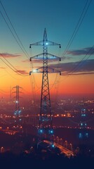 high voltage electric tower silhouette on sunset time background