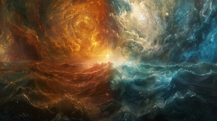 Fototapeta na wymiar A vivid portrayal of cosmic forces in an abstract clash, where fiery warmth meets the cool depths of water, creating a stunningly dramatic visual experience.