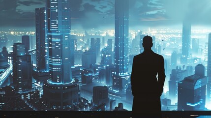 Silhouette Overlooking a Luminous Futuristic Cityscape