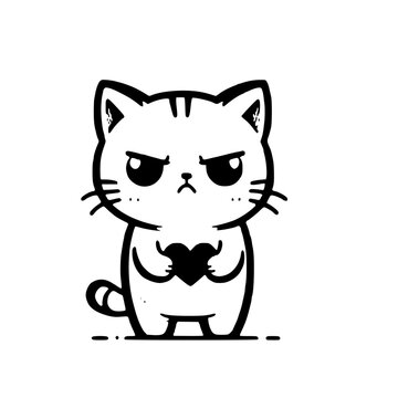 A whimsical black and white doodle depicts a grumpy cat clutching a heart, blending playful charm with a hint of attitude.