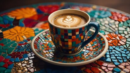 cup of coffee on a table. a cup of coffee sitting on top of a colorful plate.
