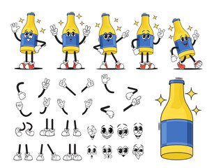 Cartoon Groovy Glass Bottle Drink Character Creation Kit. Vector Collection Of Flasks With Dance and Move Animation