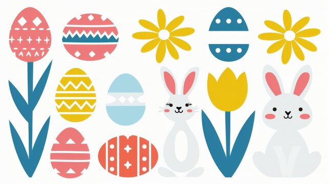 Illustrate a whimsical scene for an Easter greeting card, with a charming countryside landscape dotted with colorful eggs