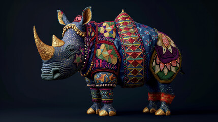 A rhinoceros is wearing a colorful outfit and has a sad expression on its face. The outfit is made of beads and has a lot of detail, making it look like a work of art - obrazy, fototapety, plakaty