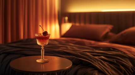 In a bedroom bathed in warm, ambient lighting, a crystal glass filled with a red nightcap stands on a round table, promising a relaxing end to the day.