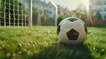 Soccer Serenity. A close-up view of a soccer ball on a well-maintained green field, with the goalpost in the background and sunlight illuminating the scene.