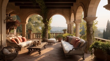 Romantic Tuscan-inspired loggia with stone arches ivy covered pergola and countryside views beyond. - obrazy, fototapety, plakaty
