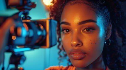 A man captures a beauty tutorial by a vibrant young woman, their collaboration unveiling secrets of cosmetic care to eager followers - obrazy, fototapety, plakaty