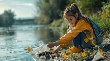 A young girl takes initiative, collecting litter along a riverbank, a small but mighty force against water pollution
