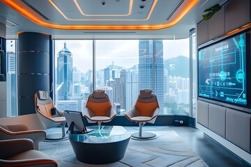  Interior of a contemporary, minimalist spa hotel suite overlooking the city skyline ,interior of a modern cafe