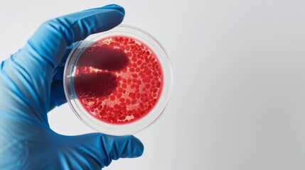 High-resolution image displaying a lab technician's hand in a blue glove, holding a petri dish filled with a cellular structure of lab-grown meat, signifying advancements in cultured meat research.