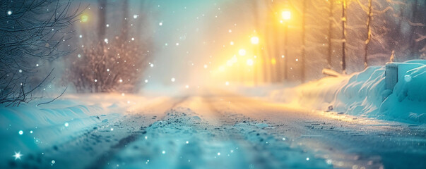 A silent street after a snowstorm, the streetlights casting a soft glow on the untouched snow, the scene
