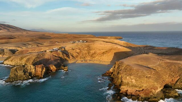 4k aerial view most popular Papagayo beach of Lanzarote, cove of white sand, Atlantic Ocean bay. Canary islands, Spain