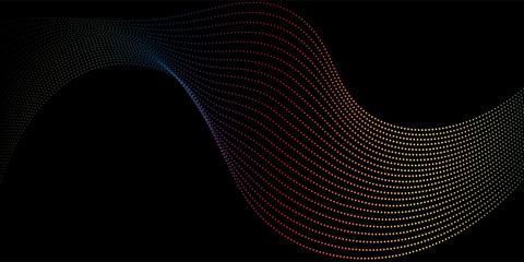 Wavy dot background.Rainbow flowing wave isolated on black background. Dynamic space with