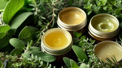 A lush arrangement of open herbal salves surrounded by a verdant collection of garden herbs, illustrating the beauty of artisanal skincare. - obrazy, fototapety, plakaty