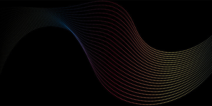 Wavy dot background.Rainbow flowing wave isolated on black background. Dynamic space with
