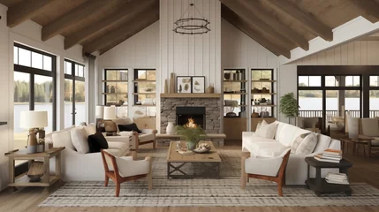 Plaid avec motif Mur chinois Rustic farmhouse chic great room with vaulted shiplap ceilings antique mantles and wide plank floors.