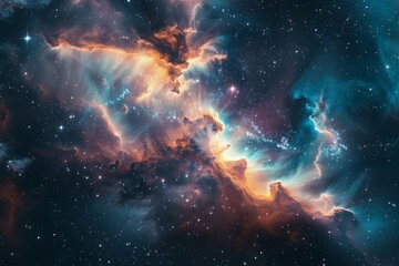 Vivid cosmic clouds and nebula formations surrounded by a myriad of stars in deep space, captured in high detail. - obrazy, fototapety, plakaty