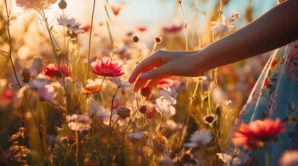 Woman's hand touching meadow flowers 
