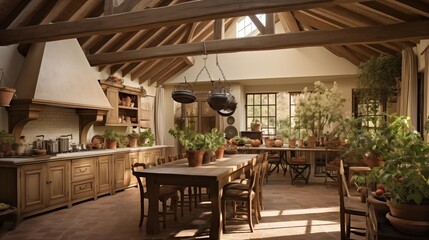 Rustic French country kitchen with vaulted wood beamed ceilings antique terra cotta floors and vintage farm table gathering area.