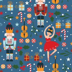Christmas seamless pattern with nutcracker and ballerina.