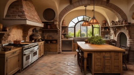 Rustic Italian country villa kitchen with arched doorways wood beamed ceilings terracotta floors and copper range hood.