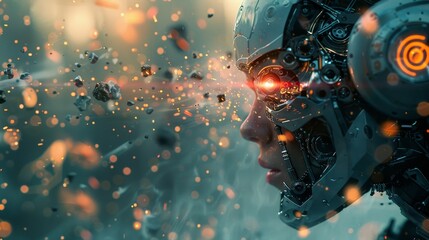 A stunning close-up showcases the dichotomy between human and machine, with one sparking robotic eye contrasting a human one. - obrazy, fototapety, plakaty
