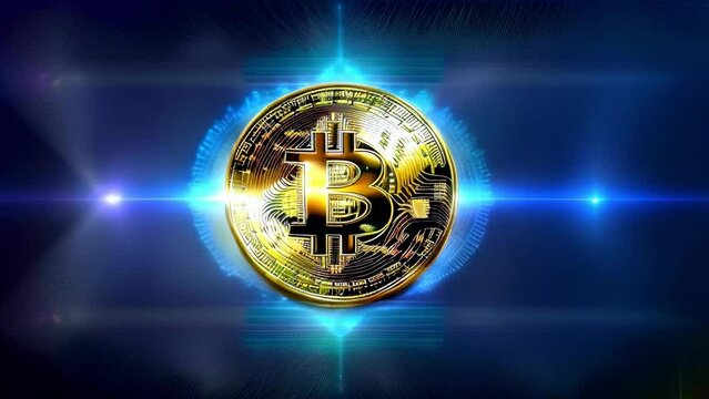 Golden Bitcoin on a blue background surrounded by radiance.
Illuminating the future of digital currency: golden Bitcoin and its sparkling energy, drowning against a vast blue background.