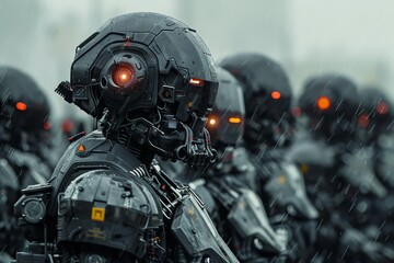 Epic battle between robots and humans set in a sci-fi future, showcasing advanced technology - obrazy, fototapety, plakaty