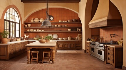 Rustic Italian villa kitchen with plaster range hood vintage terra cotta floors and arched doorways with wrought iron accents. - obrazy, fototapety, plakaty