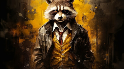 A raccoon is wearing a suit and tie. The raccoon is standing in front of a yellow background