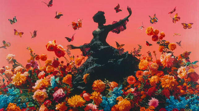 A woman is dancing in a field of flowers with butterflies flying around her. The image is vibrant and colorful, with a sense of freedom and joy. The woman's dress is black
