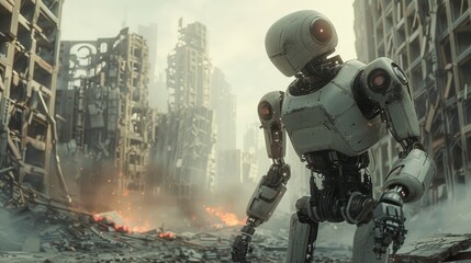 Robot locked in an epic struggle for survival, amidst the ruins of sci-fi war theme