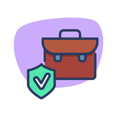 Corporate suitcase thin line icon. Business and insurance concept. Shield with checkmark in front of bag outline sign. Vector illustration symbol element for web design and apps