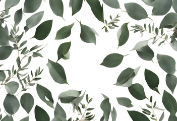 Herbal eucalyptus leaves frame isolated on a white transparent background Greenery wedding simple m - obrazy, fototapety, plakaty