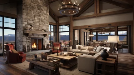 Fototapeten Rustic luxe mountain modern great room with towering timber framing stone fireplace sweeping windows and antler chandelier. © Aeman