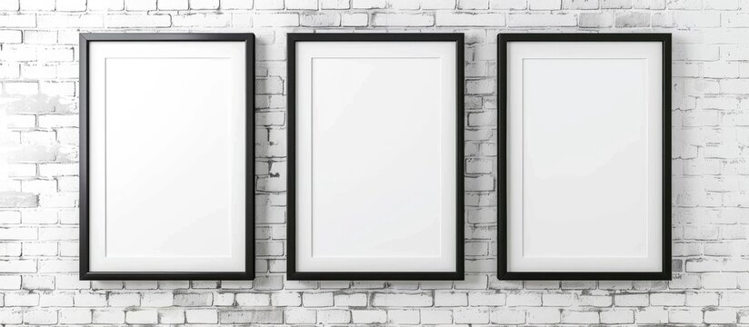 Three empty frames on a white brick textured backdrop, a simulated version.