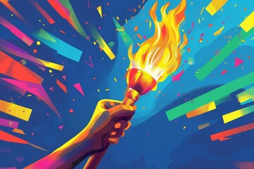 The hand holding the Olympic flame. A colorful illustration of the international sports games - obrazy, fototapety, plakaty