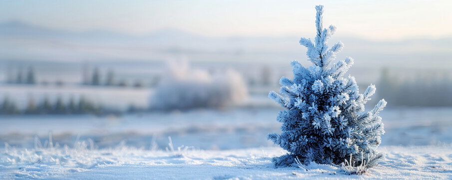 A small, isolated pine tree covered in snow, standing against a soft, blurred background of a snowy field and distant mountains,