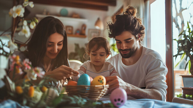Heartwarming portrait of a family. Painting multi-colored Easter eggs and preparing for Easter. Easter themed. Generative AI