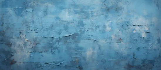 Foto op Plexiglas A closeup of an electric blue wall with peeling paint resembles a frozen winter landscape. The patterns created by the peeling paint mimic natural scenery © AkuAku