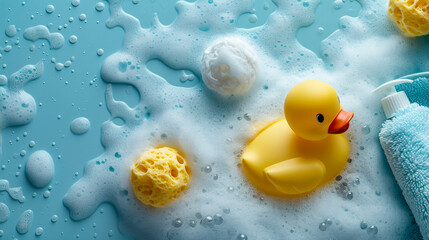 A yellow rubber duck is floating in a bathtub filled with bubbles. The bathtub is surrounded by a blue background