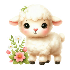 Cute sheep with pink flowers. Watercolor illustration