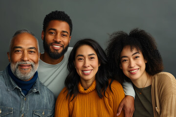 Group of positive handsome very different people, students, managers. Concept of diversity. Different hair style. Afro-american, Asian and Caucasian people. - obrazy, fototapety, plakaty
