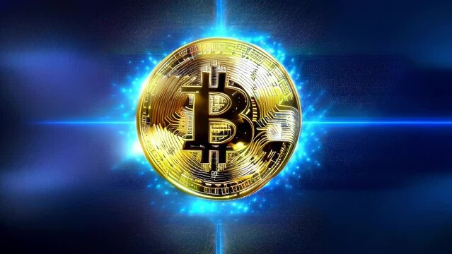 Golden Bitcoin shrinking in size on a blue background surrounded by radiance.
Golden Bitcoin shrinking before your eyes, immersed in a glowing ocean of digital possibilities on a blue background.
