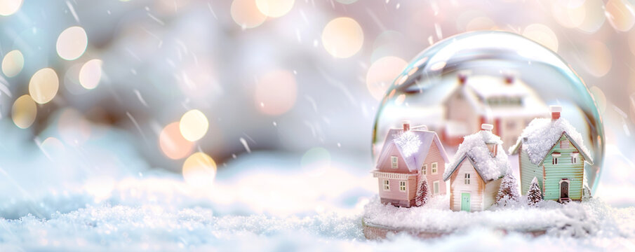 A snow globe-like scene with a quaint miniature village covered in snow,
