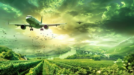 Fototapeta premium Design an aerial view of airplanes flying over the rolling vineyards and medieval castles