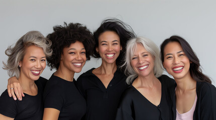 5 young females with diversity: Happy people smiling. Concept of solidarity, support, and friendship.