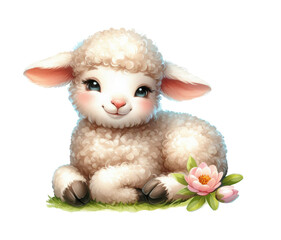 Cute cartoon sheep with flowers. Watercolor illustration