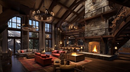 Rustic modern mountain chalet great room with soaring timber framing suspended catwalk bridges huge stone fireplace and cozy loft nooks. - Powered by Adobe